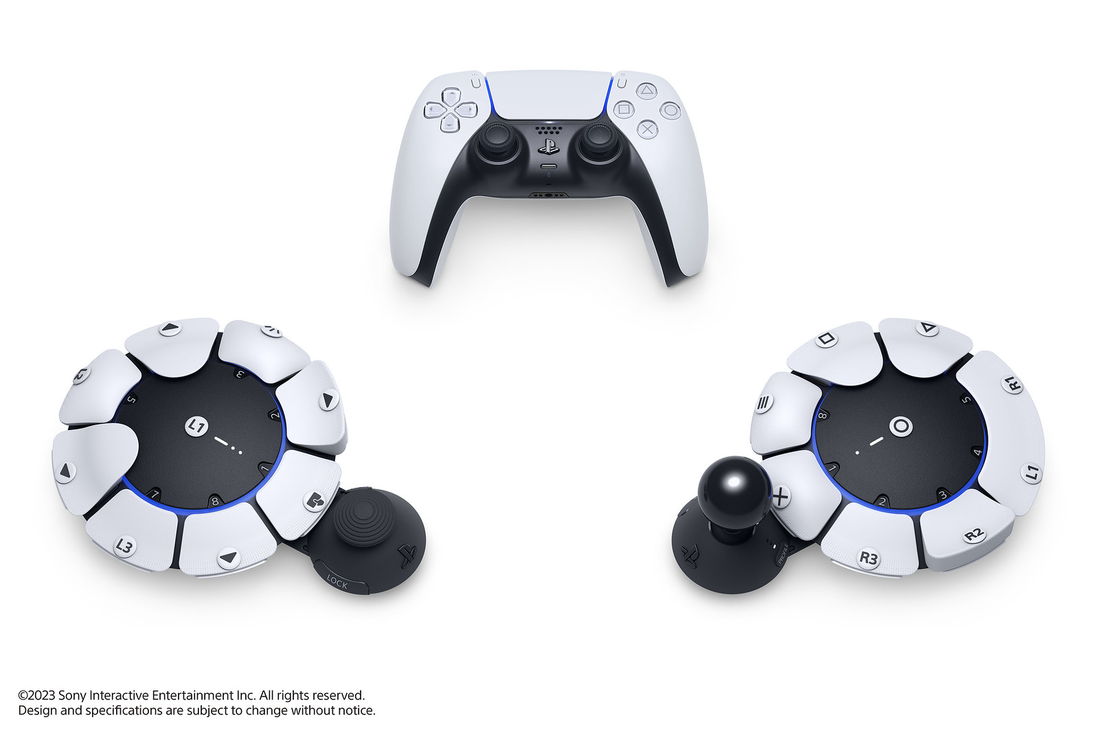 A futuristic looking hardware component with buttons and a stick.